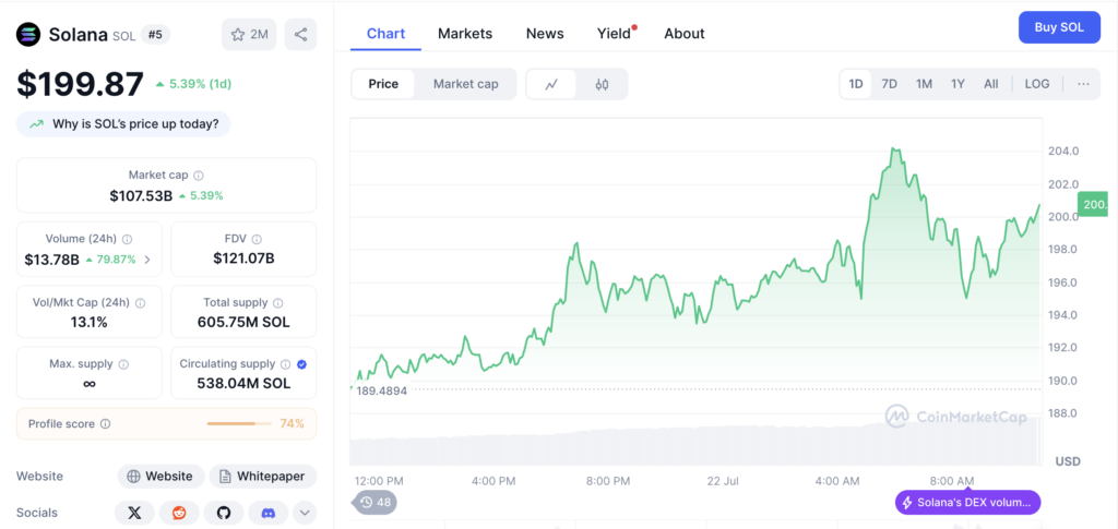 نمودار قیمت و اطلاعات بازار سولانا - منبع: CoinMarketCap
